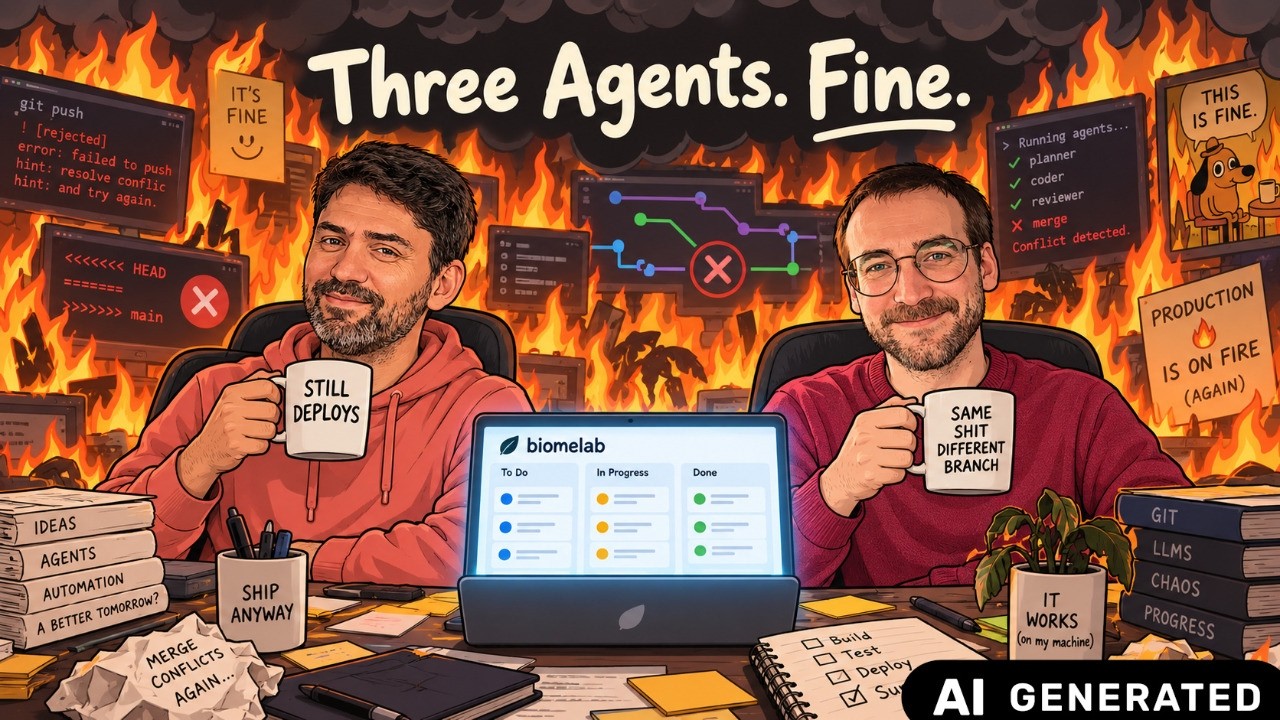 Thumbnail: Three Coding Agents, One Java Project. Take a look at biomelab.